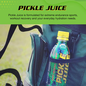 Close-up of Pickle Juice bottle pouring for quick cramps relief mid-workout.