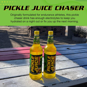 Pickle Juice Chaser 1-Liter bottle back label highlights ingredients and shelf-stable convenience