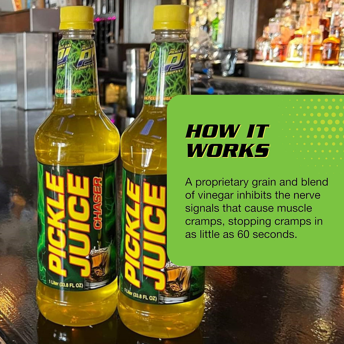 Pickle Juice Chaser 1-Liter bottle ingredients panel emphasizes simple composition for quick hydration