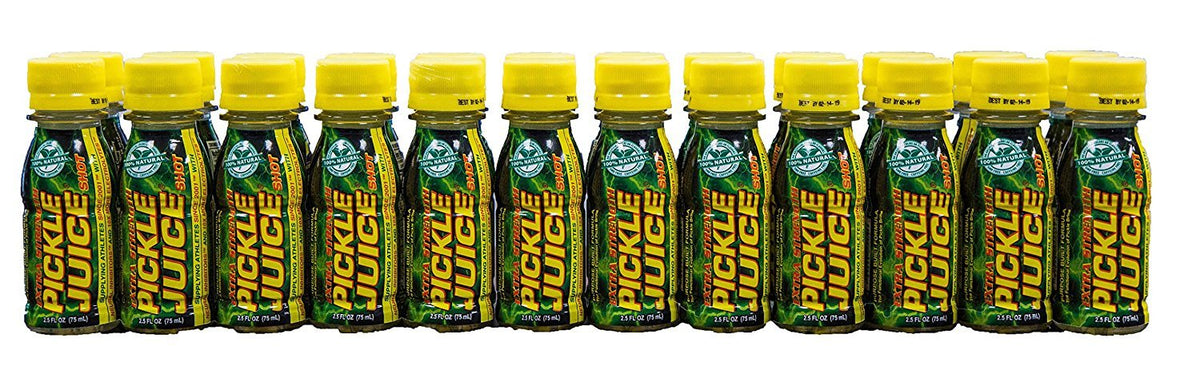 Label close-up of Pickle Juice Extra Strength Shots highlighting sugar-free, gluten-free benefits