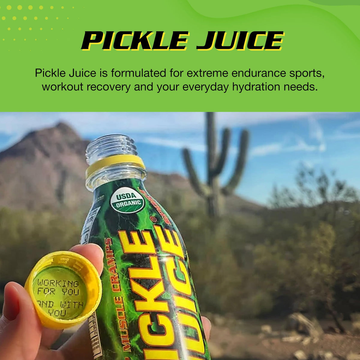 Pickle Juice Original Strength label close-up highlights fast cramp support.