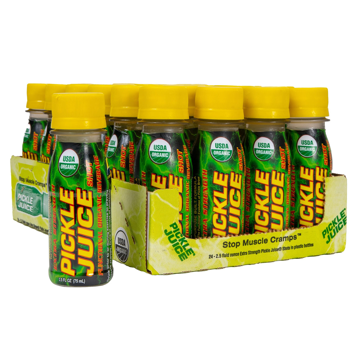 Pickle Juice Shots bottle highlighting extra-strength formula for cramps relief.