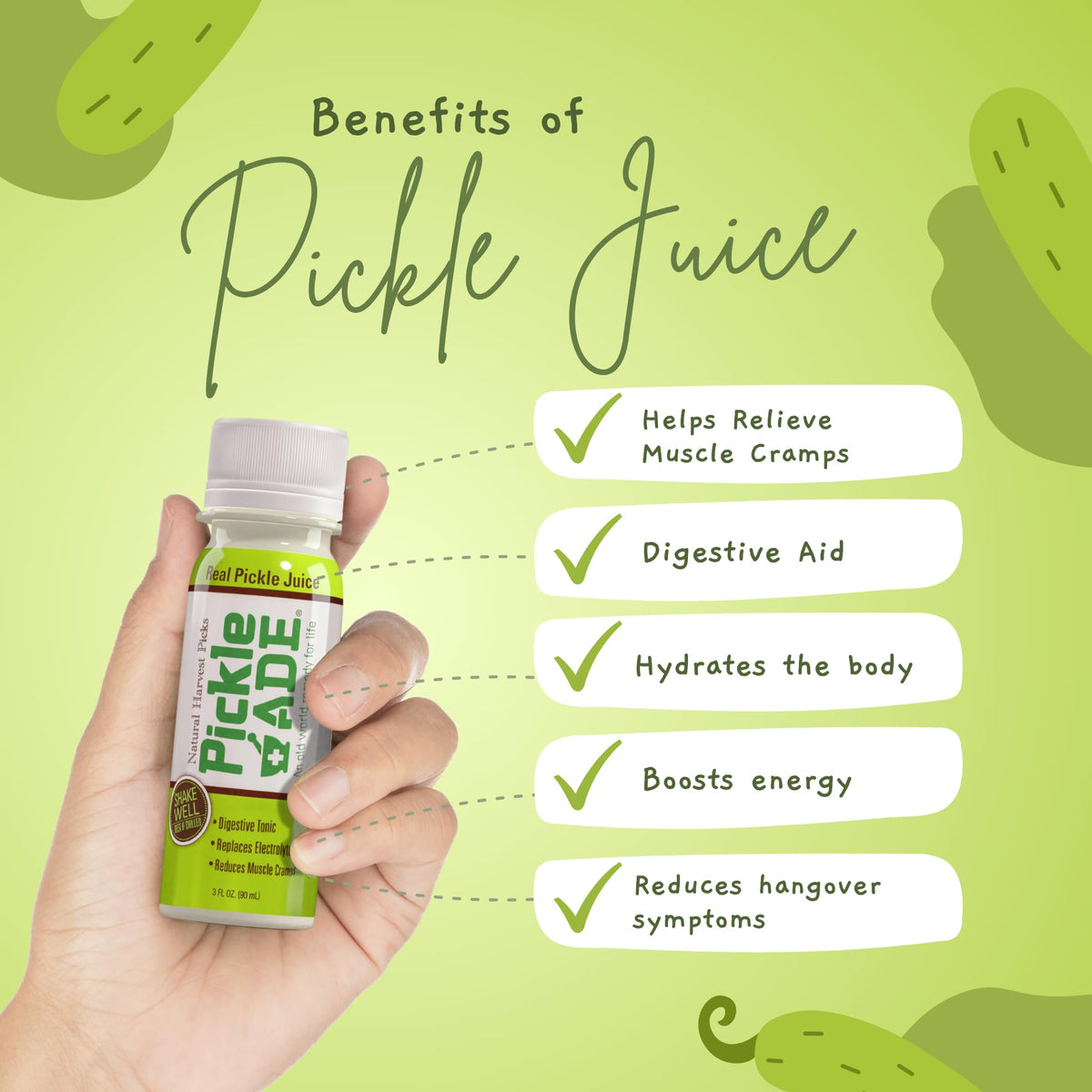 PickleAde 3oz pickle shot in hand after workout for quick refreshment.