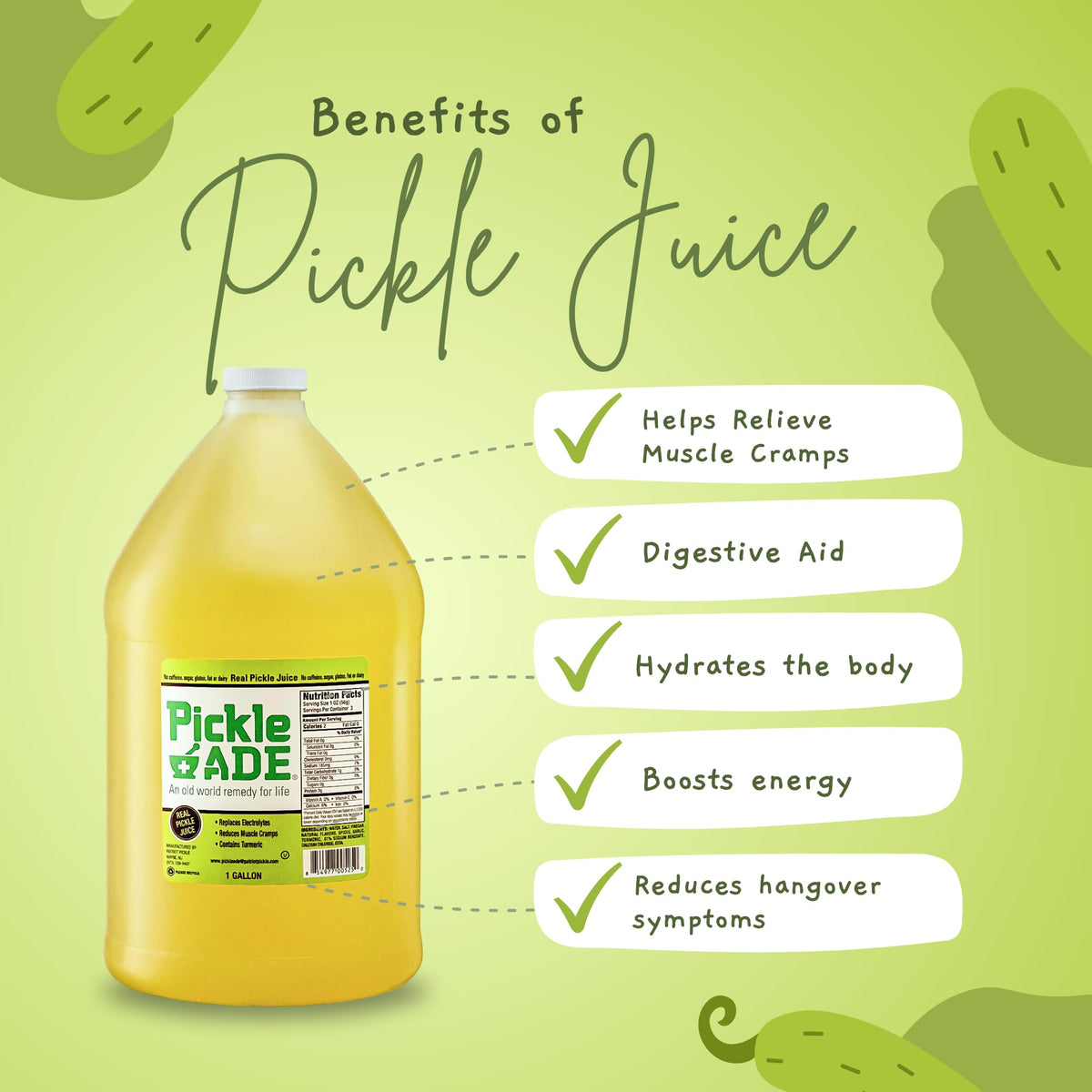 PickleAde Real Dill Pickle Juice bottle-front highlights bold flavor and electrolyte boost potential.