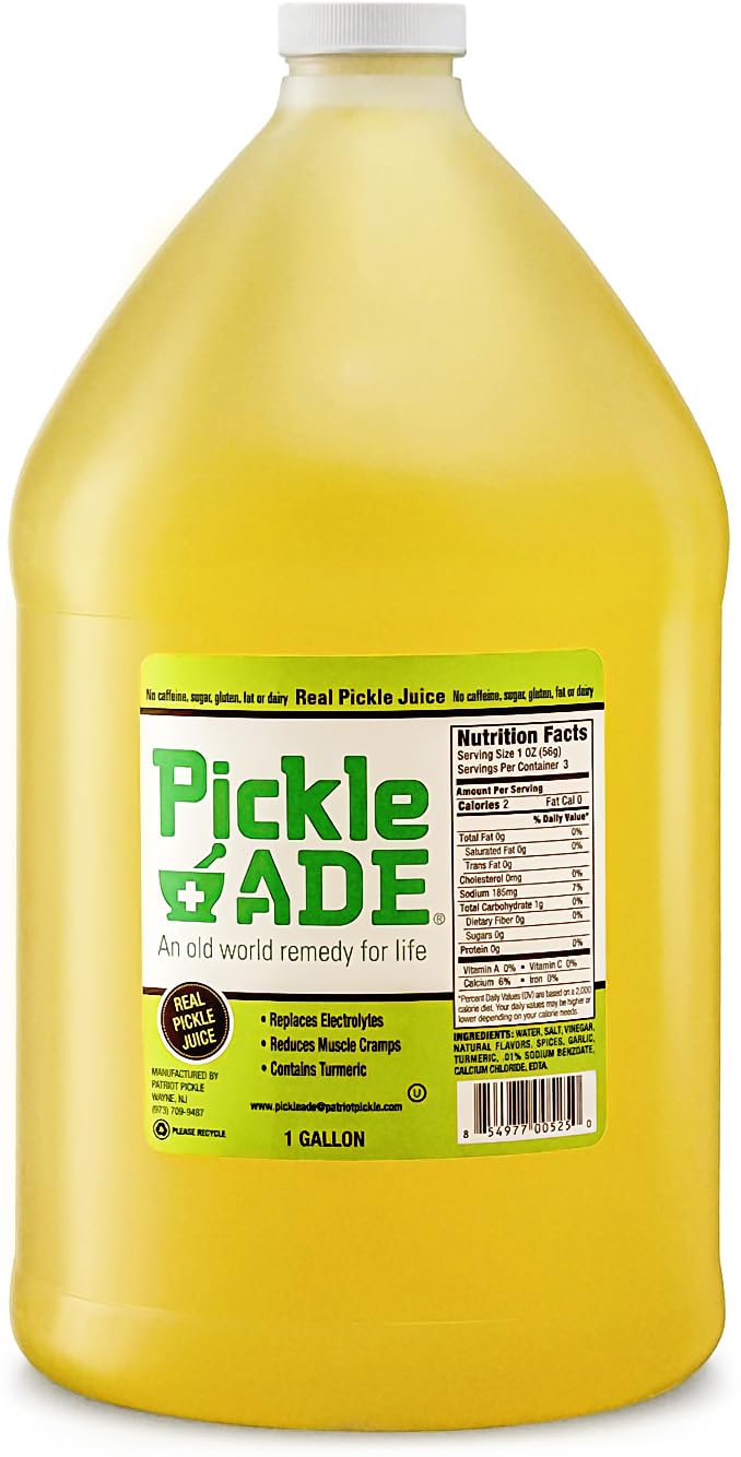 PickleAde Real Dill Pickle Juice bottle pours, supporting quick hydration after workouts.