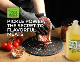 PickleAde Real Dill Pickle Juice gallon-bottle promotes versatile use in marinades and drinks.