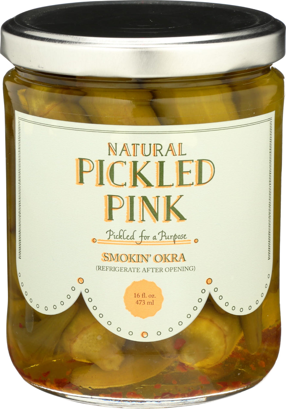 Pickled Pink Foods Smokin' Okra jar closeup highlighting bold snacking potential.