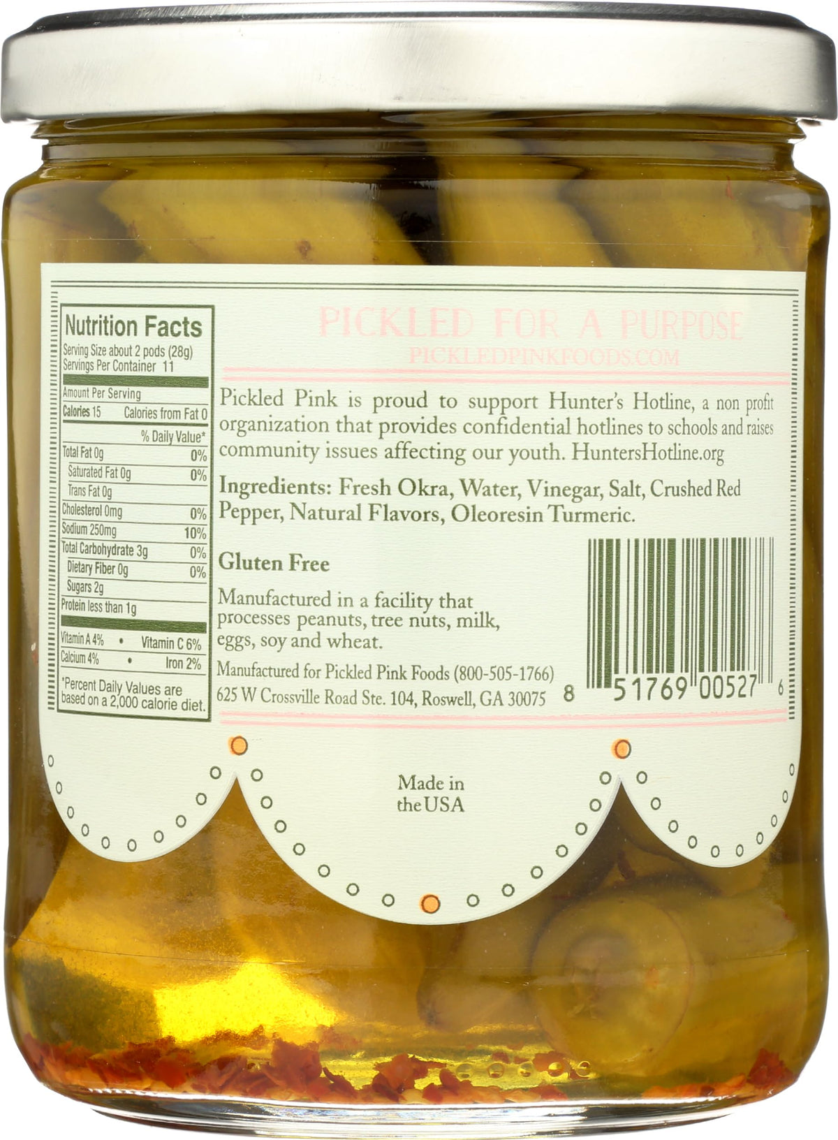 Pickled Pink Smokin' Okra jar on pantry shelf showing vibrant spice and ready-to-use flavor.
