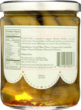 Pickled Pink Smokin' Okra jar on pantry shelf showing vibrant spice and ready-to-use flavor.