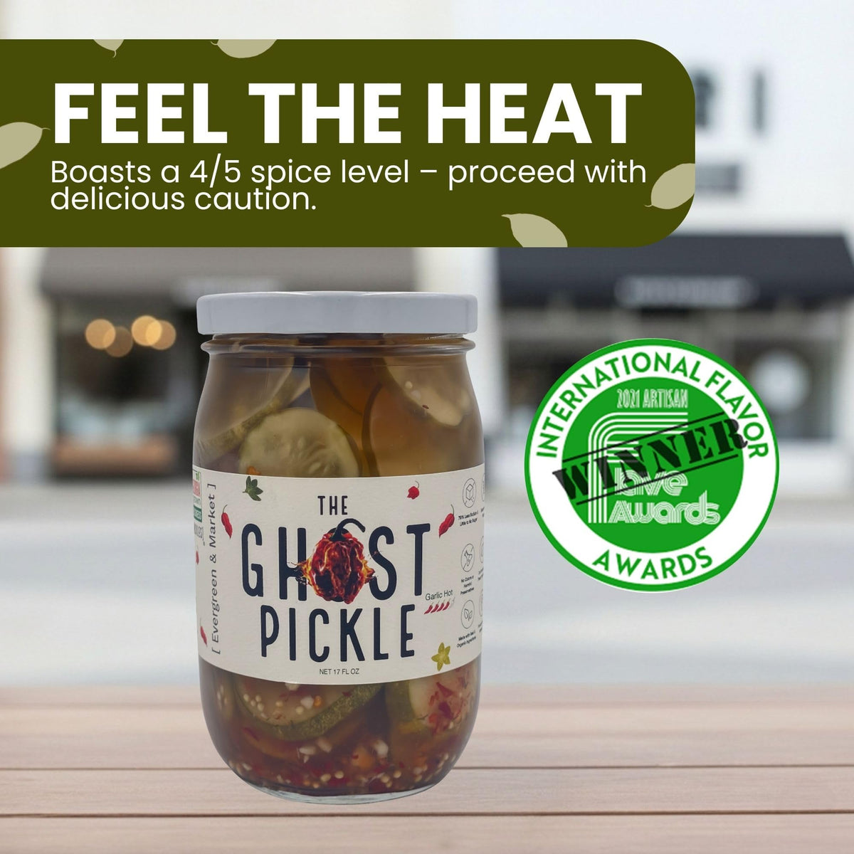 PICKLES Ghost Pepper close-up emphasizes spicy aroma for adventurous tastes.