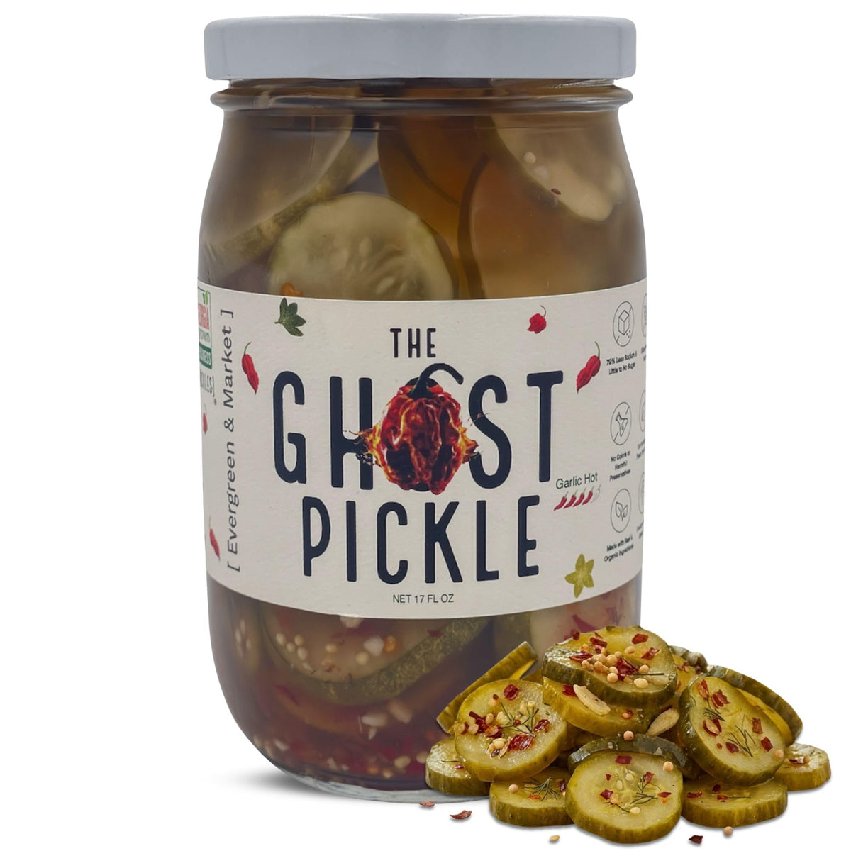 PICKLES Ghost Pickle jar front showing bold heat and garlicky tang.