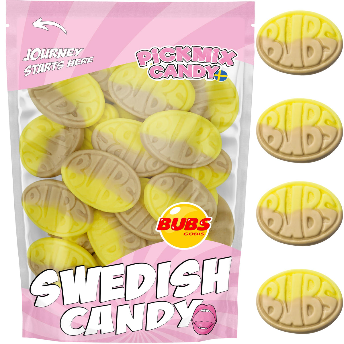 Pickmix Candy Sweden Bubs Banana Ovals bag front showing resealable closure for freshness
