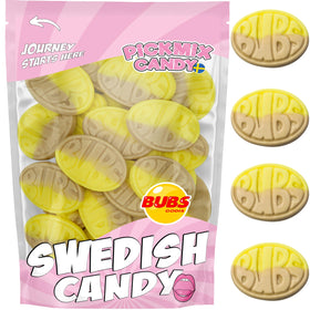 Pickmix Candy Sweden Bubs Banana Ovals bag front showing resealable closure for freshness
