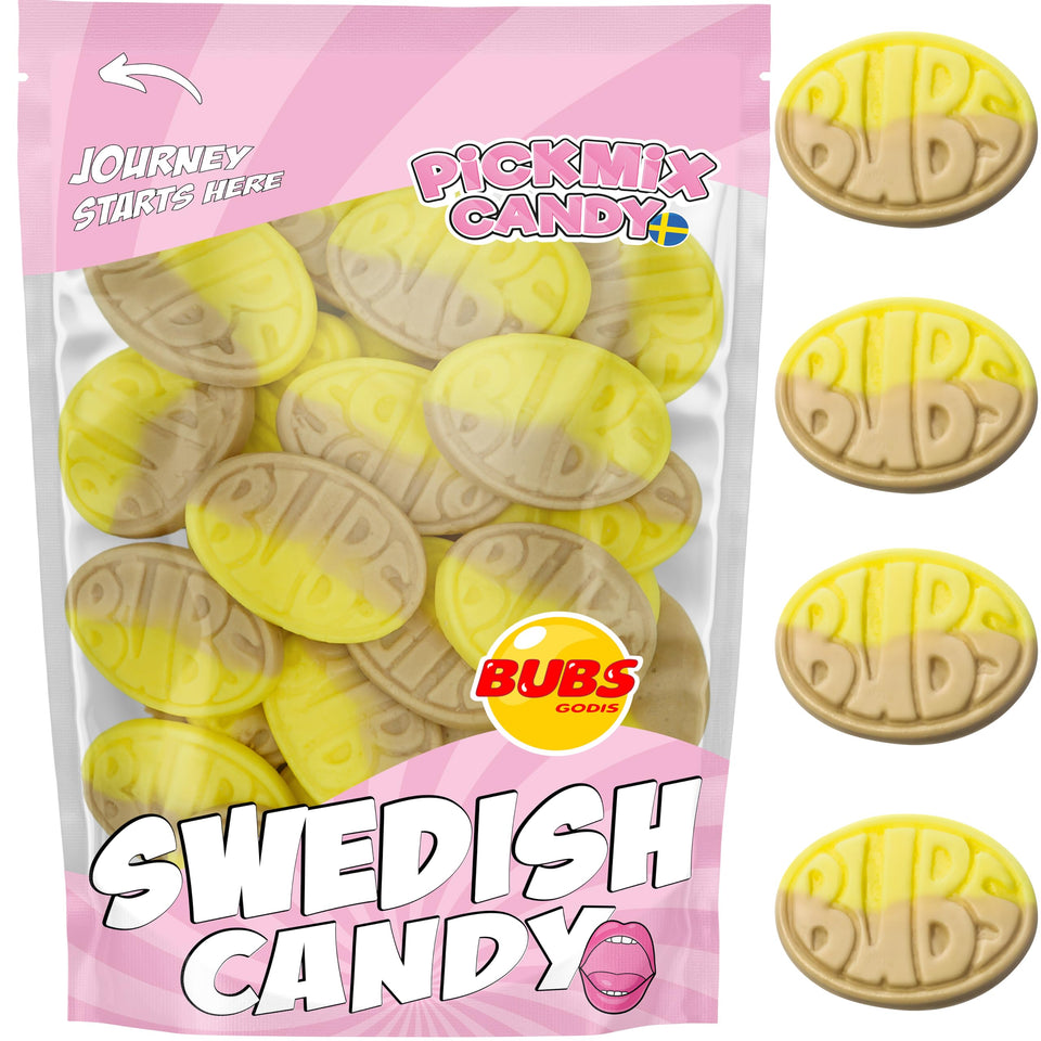 Pickmix Candy Sweden Bubs Banana Ovals bag front showing resealable closure for freshness