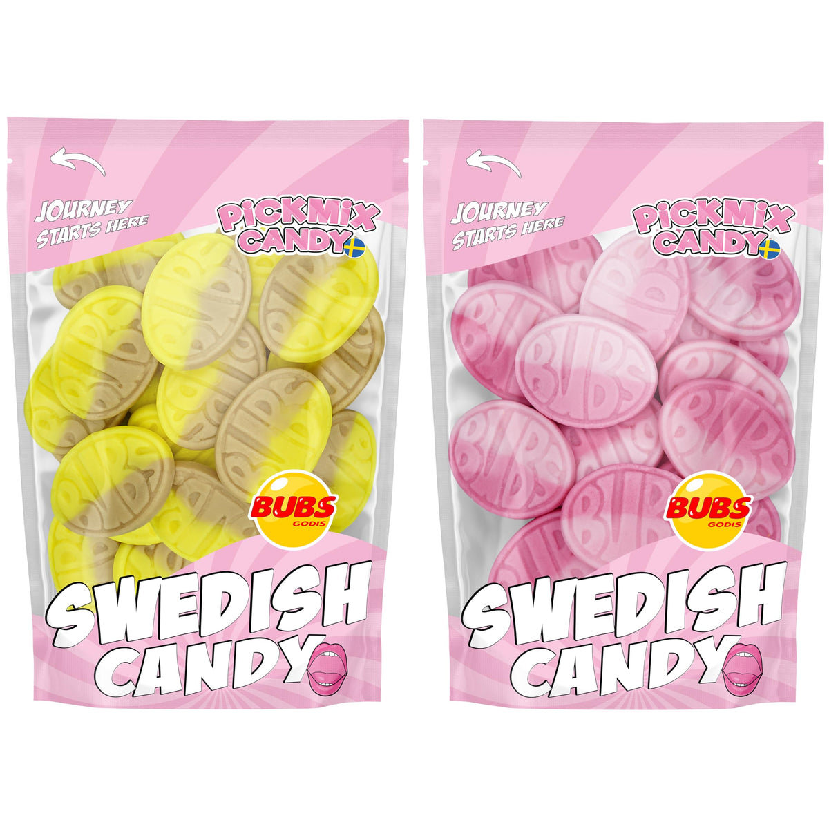 Pickmix Candy Sweden Bubs Banana Ovals bag front view for creamy fruit flavor.