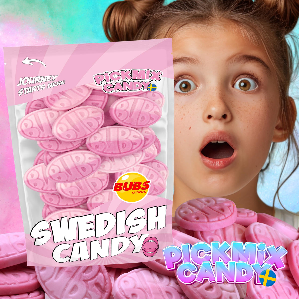 Bubs Wild Strawberry Pomegranate Ovals in a Pickmix bag, ready for sharing.