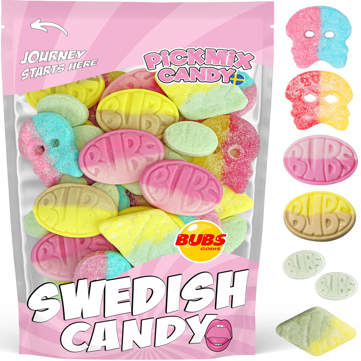 Pickmix Sweden BUBS banana-oval candy, chewy and fruity for quick snacking.