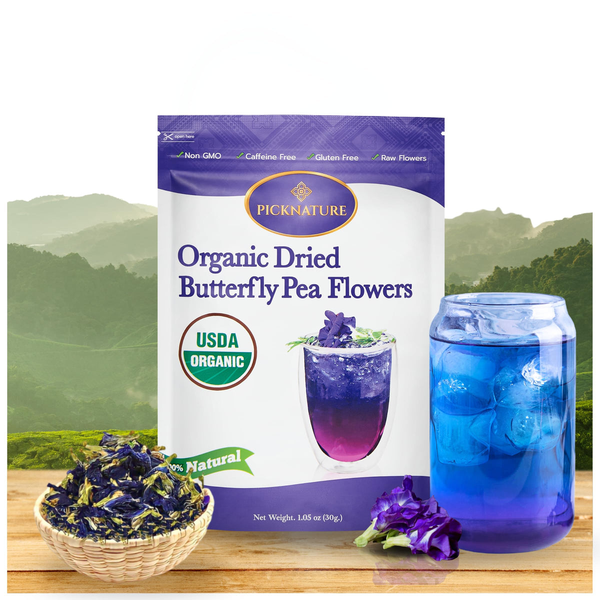 PICKNATURE Butterfly Pea Flower Tea loose leaf for fresh, antioxidant-rich brews.