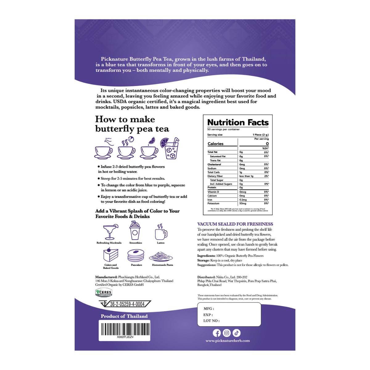 PICKNATURE USDA Organic certification highlights naturally harvested ingredients.