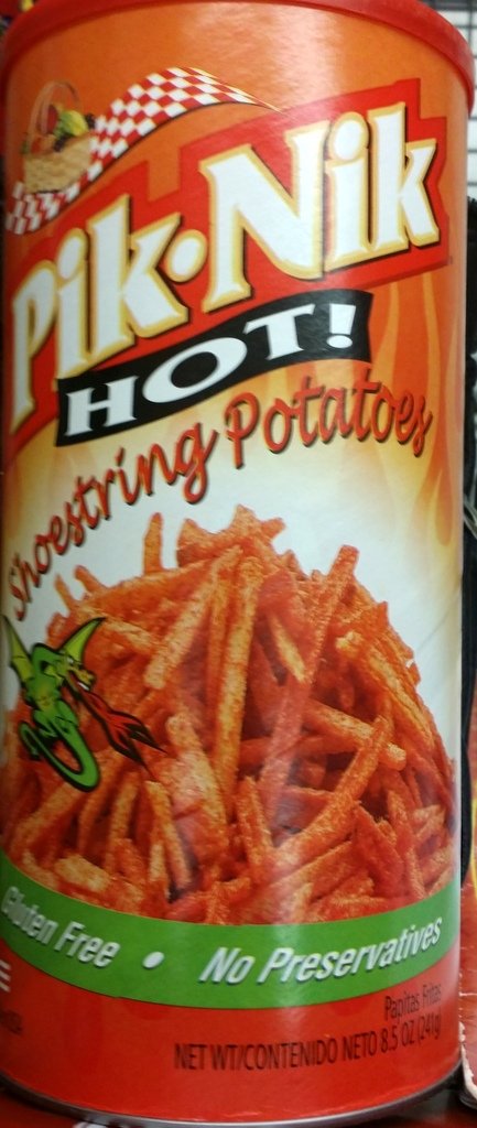 Pik-Nik Hot Shoestring Potatoes two-pack on display, crisp snack for gatherings.