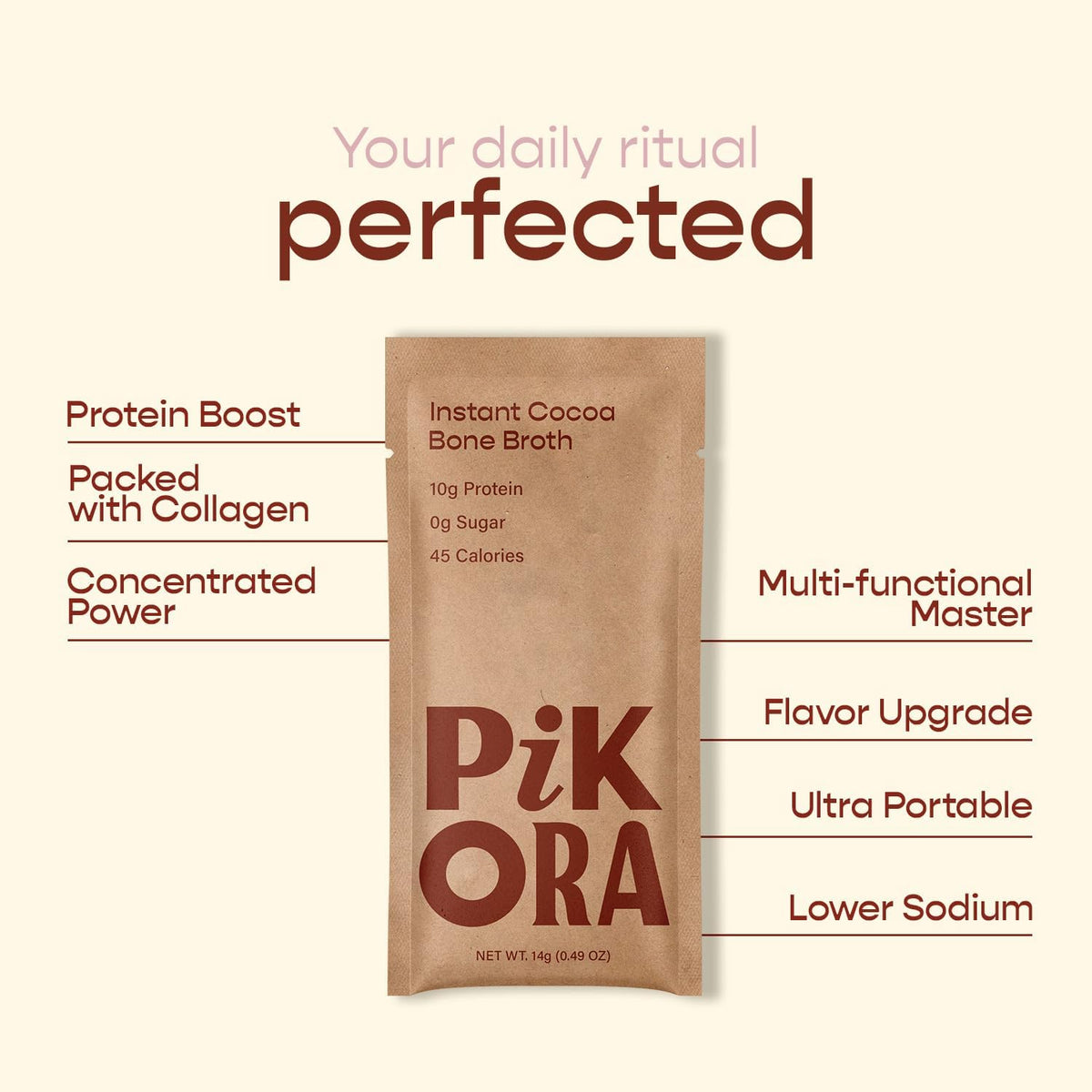 Pikora Cocoa Bone Broth being mixed with hot water for a quick, flavorful serving
