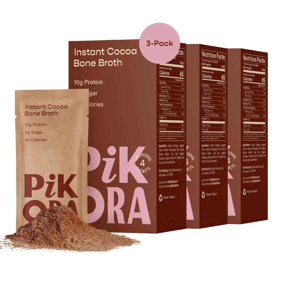 Pikora Cocoa Bone Broth sachets in a box for quick, zero-sugar protein boost
