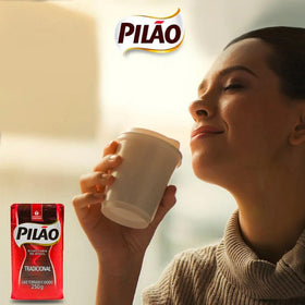 Pilao packaging on a shelf; convenient 8x250g bundle for daily brews.