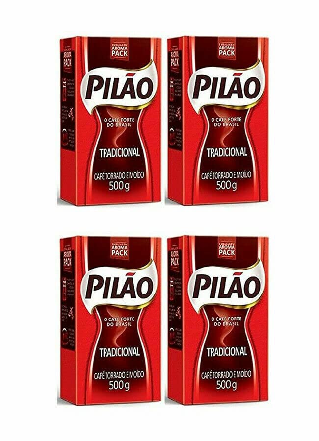 Pilao traditional roast ground coffee 4-pack for daily brewing with Brazilian flavor.