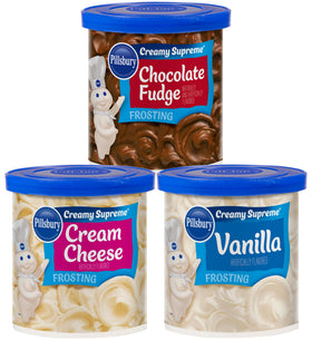Pillsbury Creamy Supreme Vanilla frosting tub adds rich, smooth frosting for cakes.