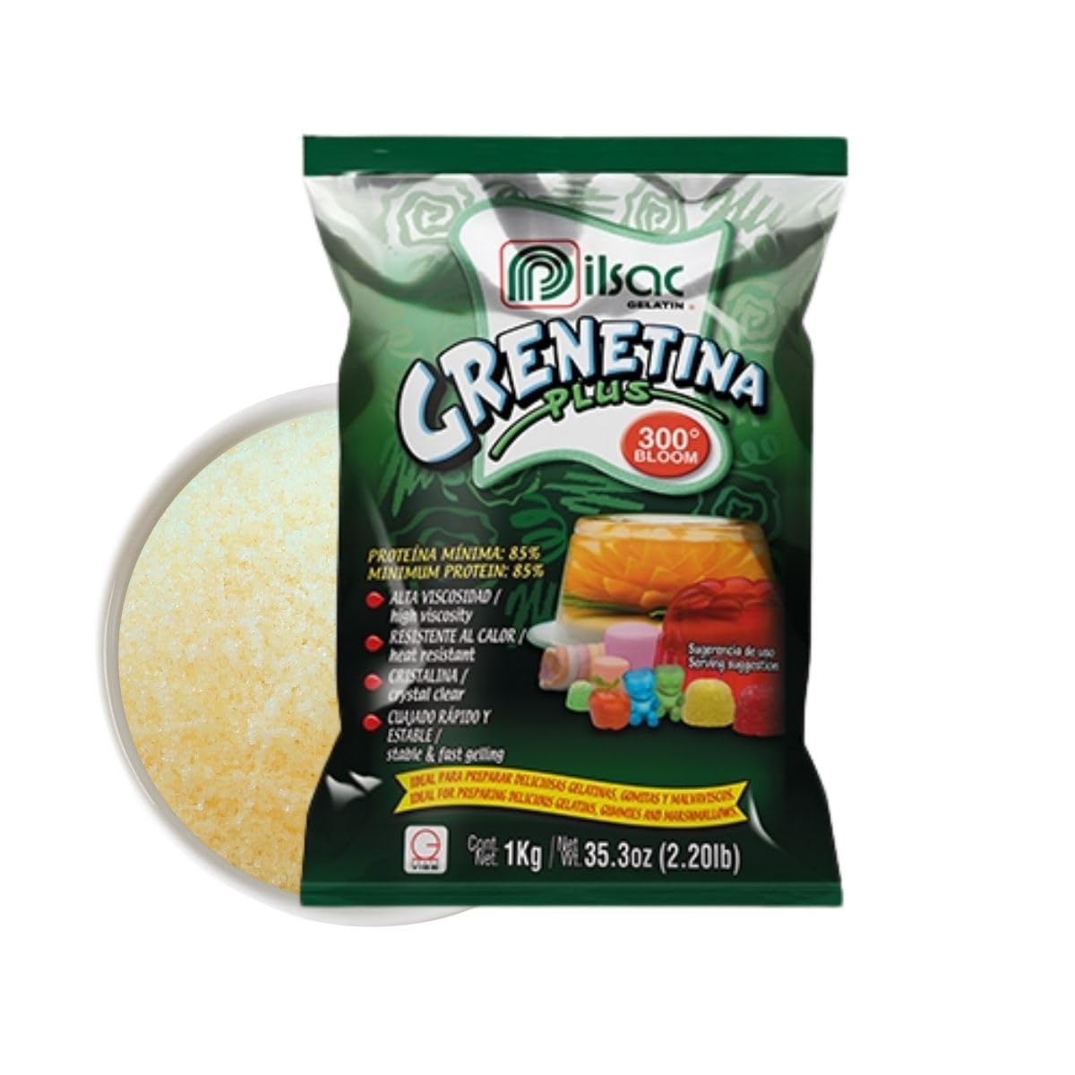 Pilsac 300 Bloom gelatin powder bag showing high viscosity for firm gels.