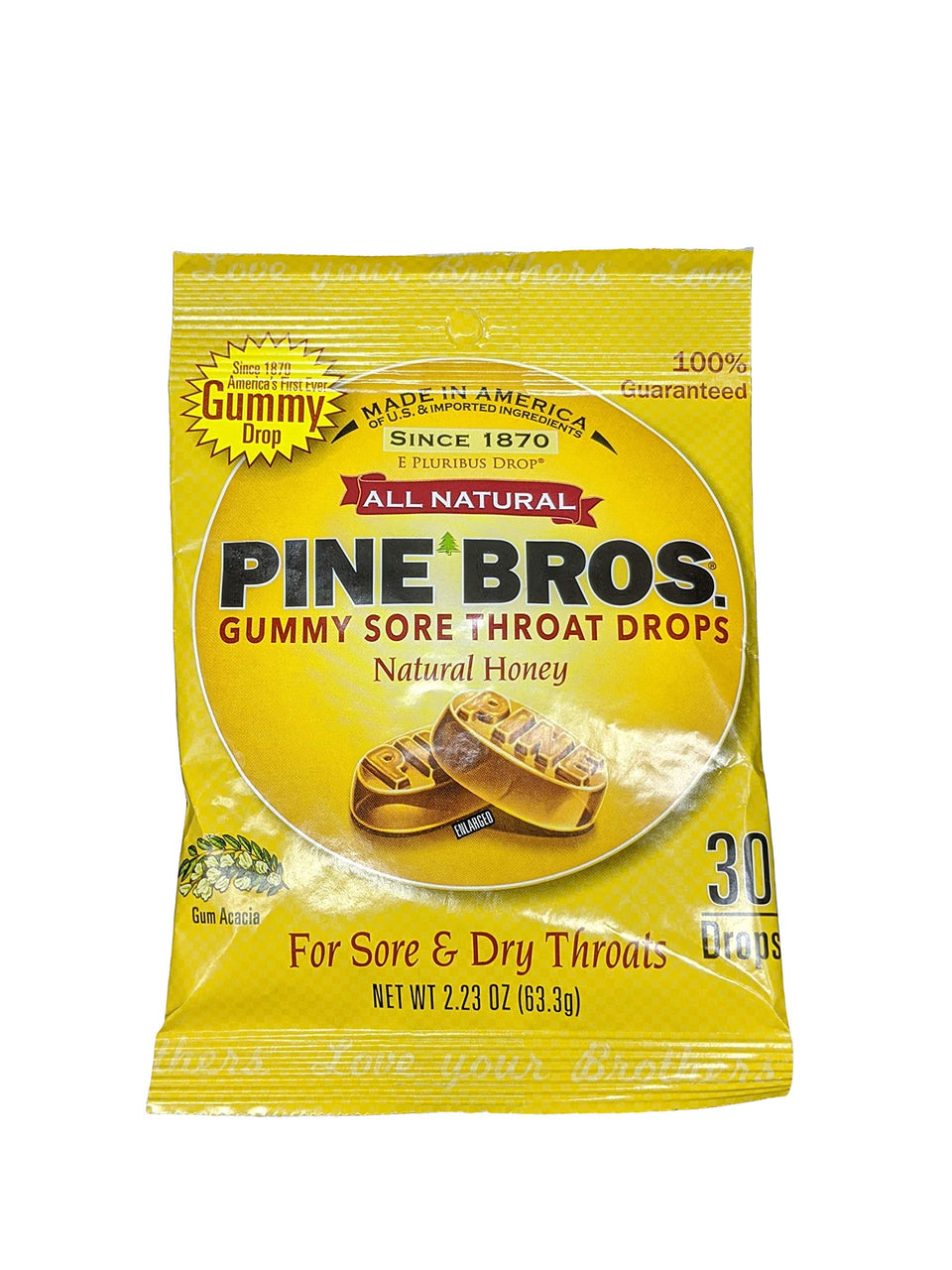 Pine Bros Honey Drops image showing softish lozenge for daily throat comfort.