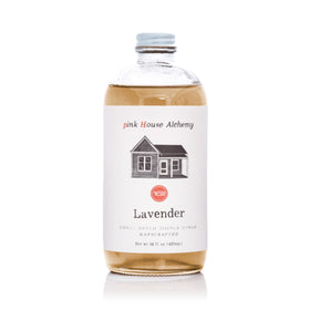 Pink House Alchemy Lavender Syrup bottle showcases pure floral notes, great for cocktails and desserts.