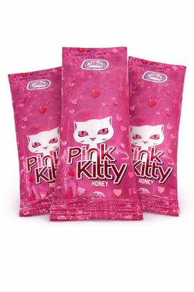Pink Kitty HONEY dispense setup suggests convenient, daily-use sweetener.