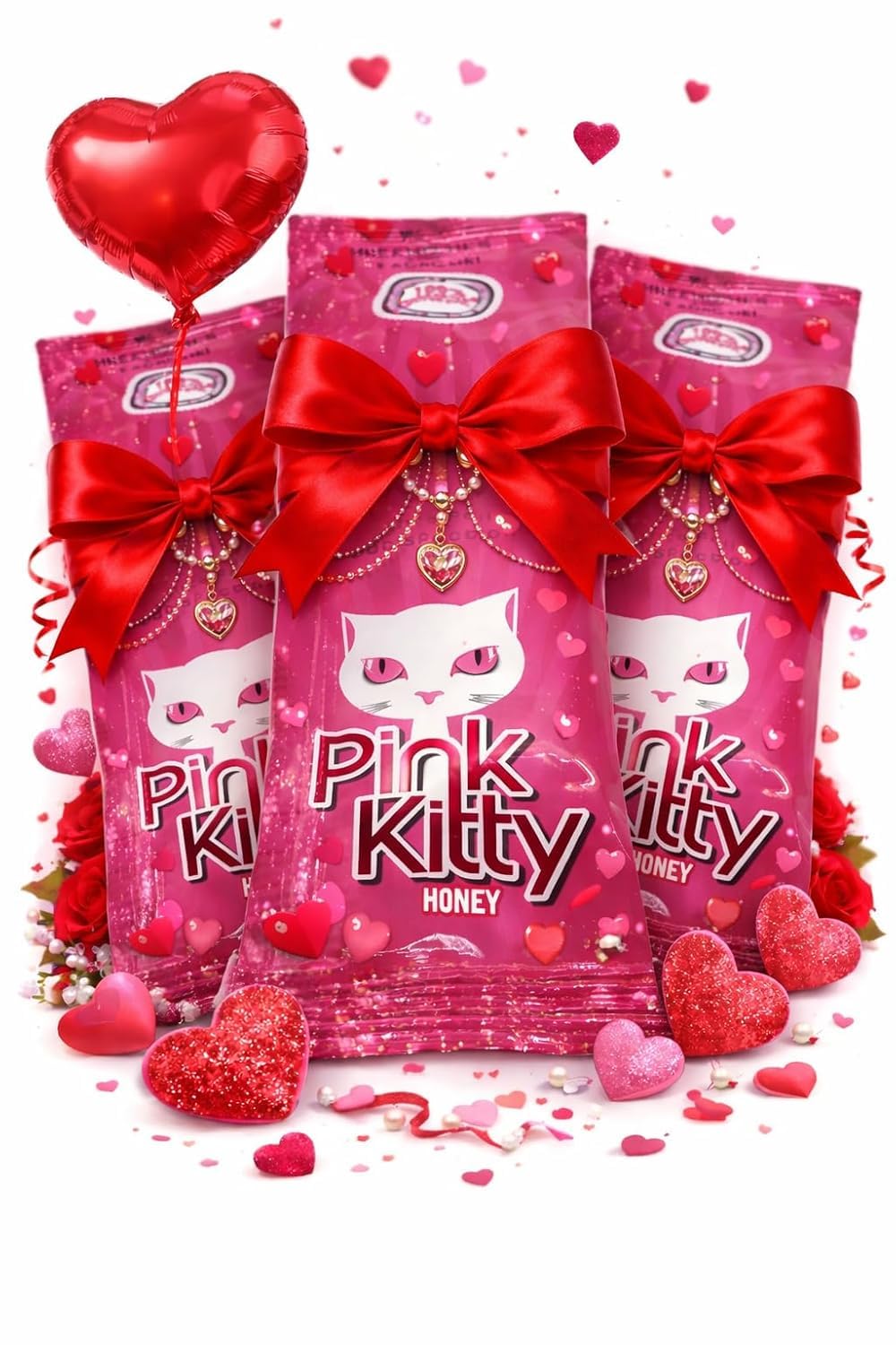 Pink Kitty HONEY label close-up highlights royal jelly and ginseng aroma.