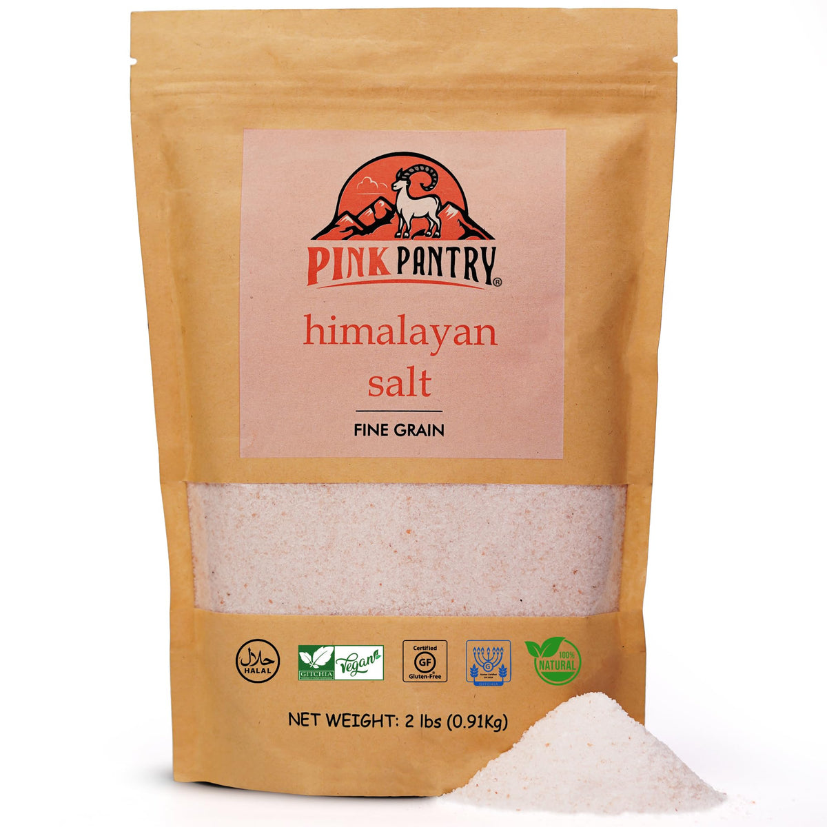 Pink Pantry Himalayan salt 2lb pouch offers mineral-rich seasoning for everyday cooking.
