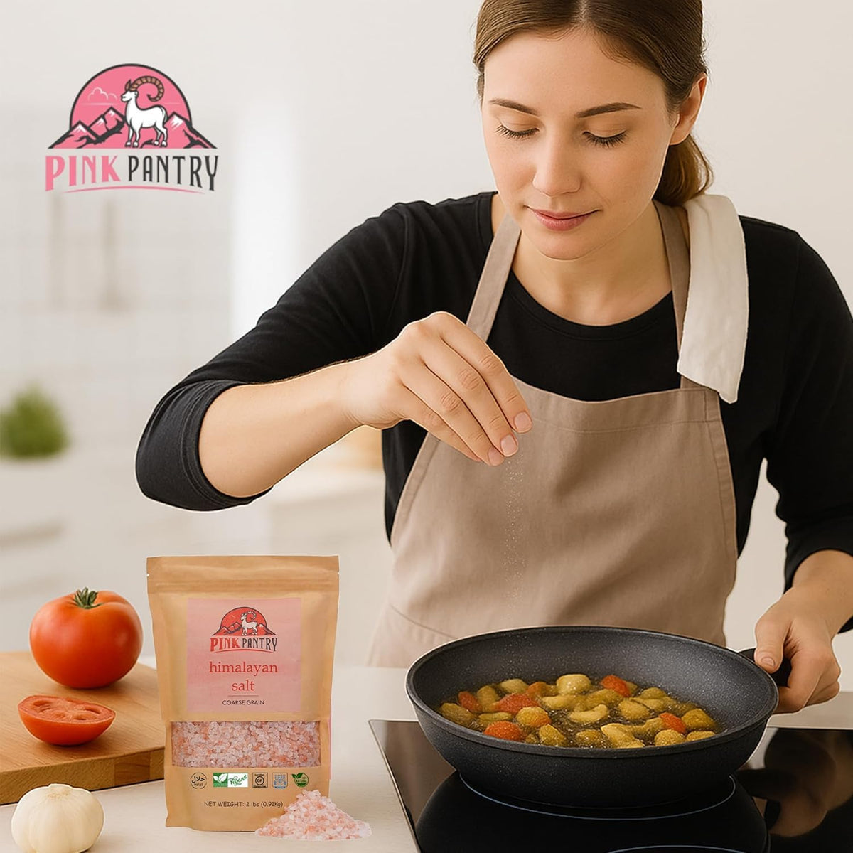 Pink Pantry Himalayan salt 2lb pouch keeps freshness for everyday cooking.
