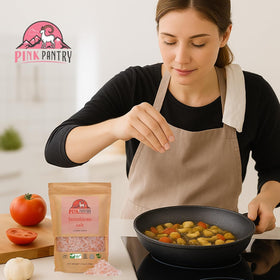 Pink Pantry Himalayan salt 2lb pouch keeps freshness for everyday cooking.