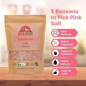 Pink Pantry Himalayan salt crystal pile adds rustic charm while seasoning.