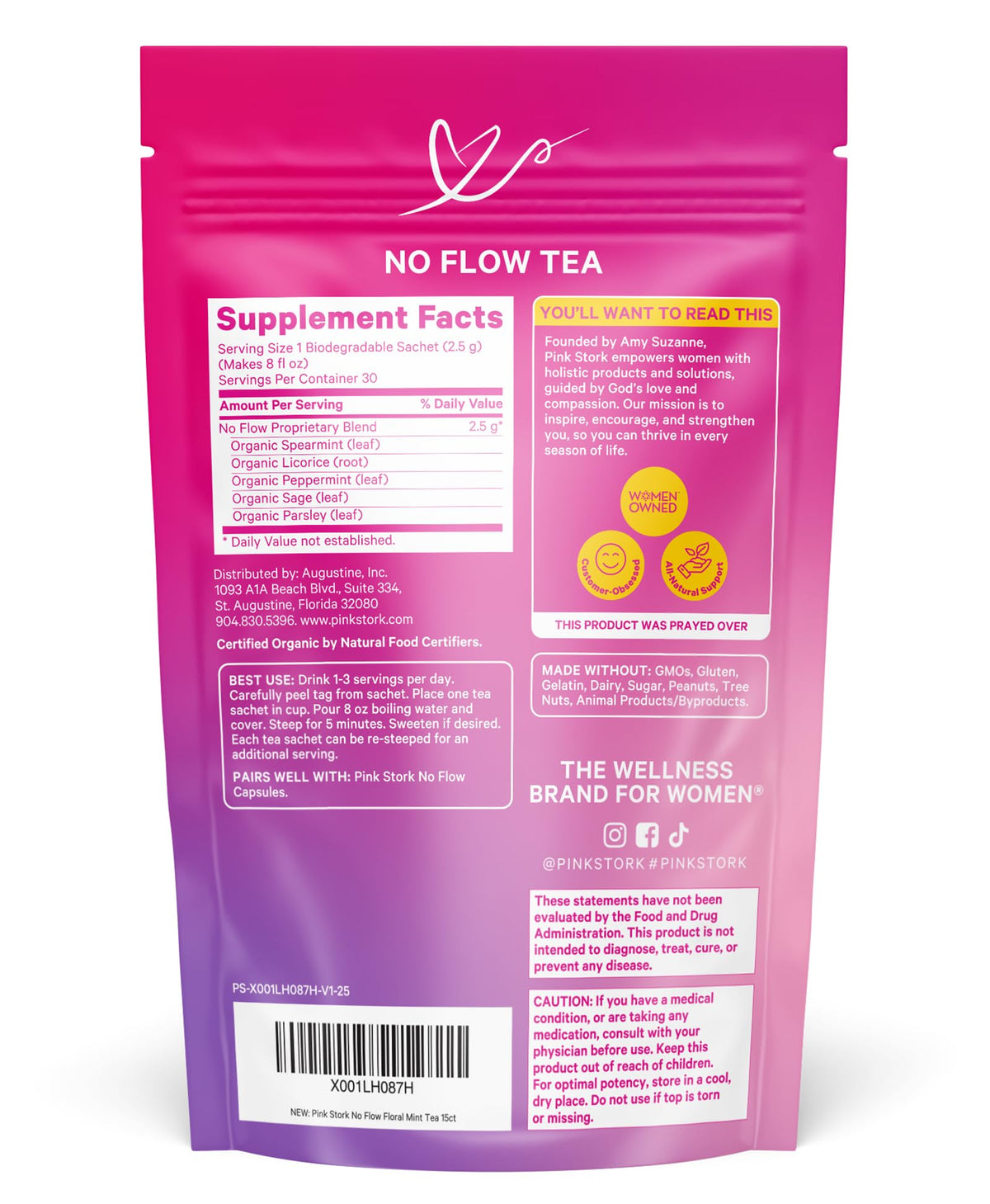 Pink Stork logo on No Flow packaging fosters brand trust.