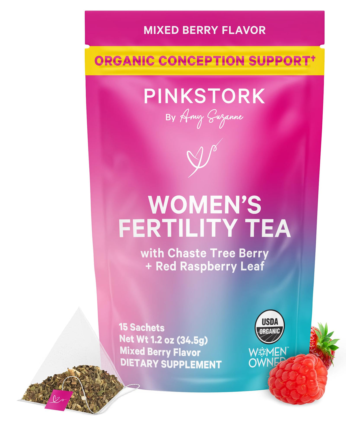Pink Stork Fertility Tea mixed berry packaging with organic herbs for daily wellness