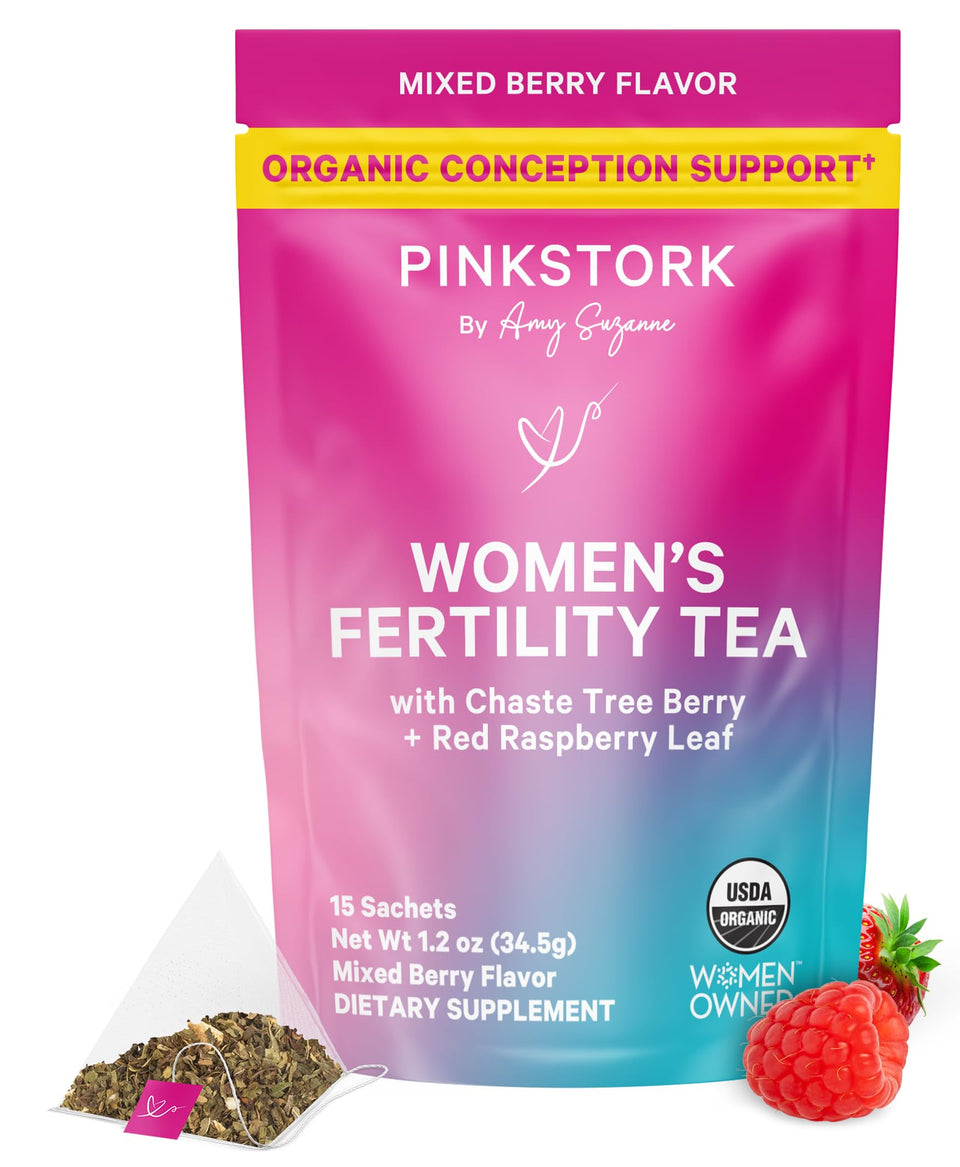 Pink Stork Fertility Tea mixed berry packaging with organic herbs for daily wellness