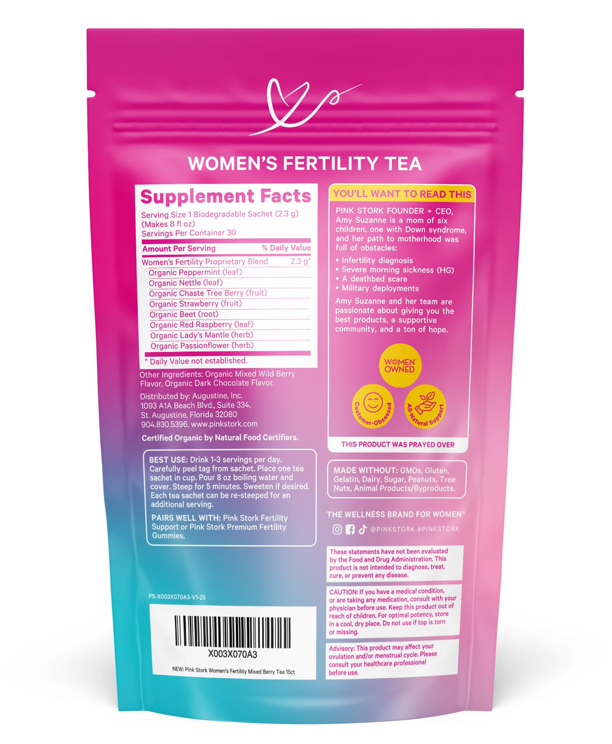 Pink Stork Fertility Tea packaging label communicates organic quality