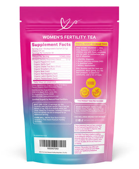 Pink Stork Fertility Tea packaging label communicates organic quality