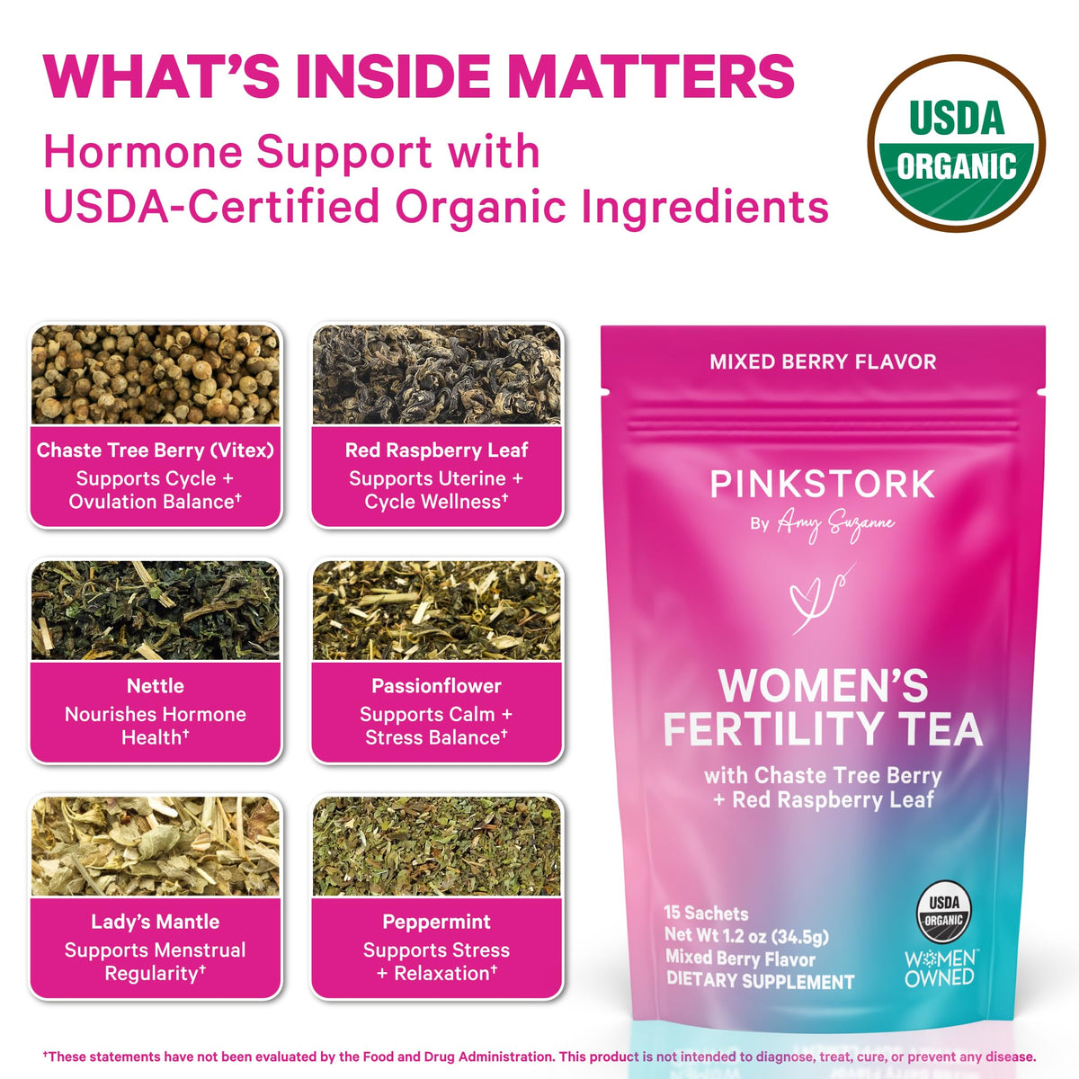 Pink Stork Fertility Tea sachets close-up for easy daily use