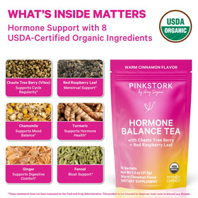 Pink Stork Hormone Balance Tea cup steaming, inviting calm and balance.