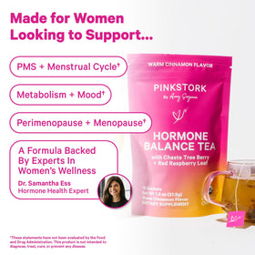 Pink Stork Hormone Balance Tea dry ingredients highlight natural botanicals.