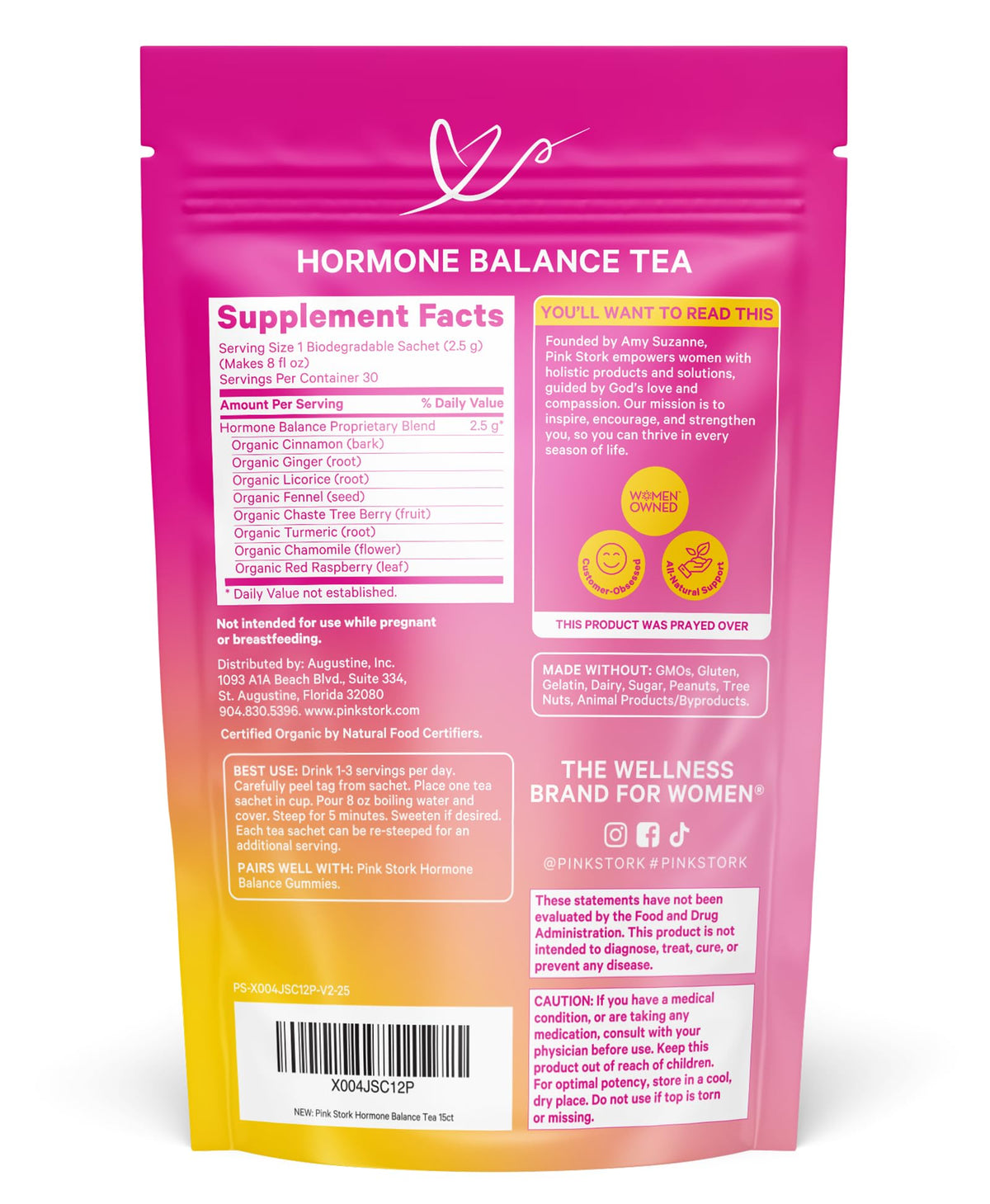 Pink Stork Hormone Balance Tea close-up label showing quality ingredients.