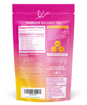 Pink Stork Hormone Balance Tea close-up label showing quality ingredients.