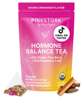 Pink Stork Hormone Balance Tea packaging shown for a caffeine-free daily ritual.