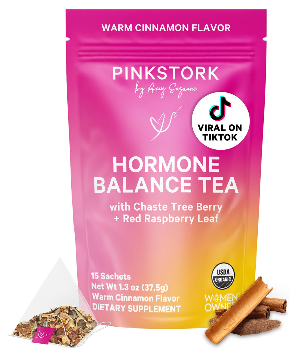 Pink Stork Hormone Balance Tea packaging shown for a caffeine-free daily ritual.